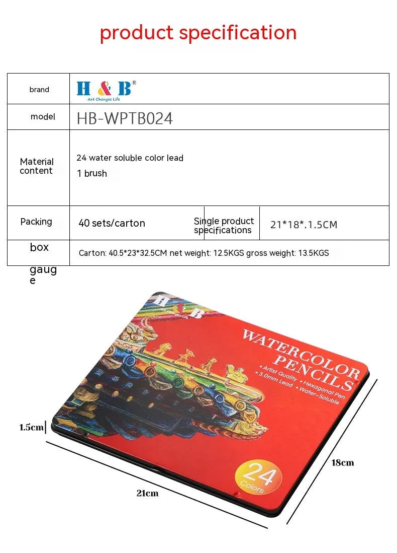 Water-soluble coloured pencil set with 24 colours, a brush, and a metal box open to show contents.