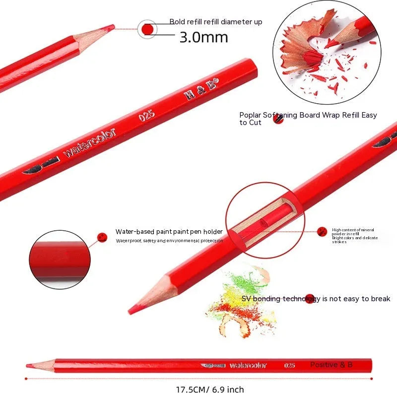 Water-soluble coloured pencil set with 24 colours, a brush, and a metal box open to show contents.