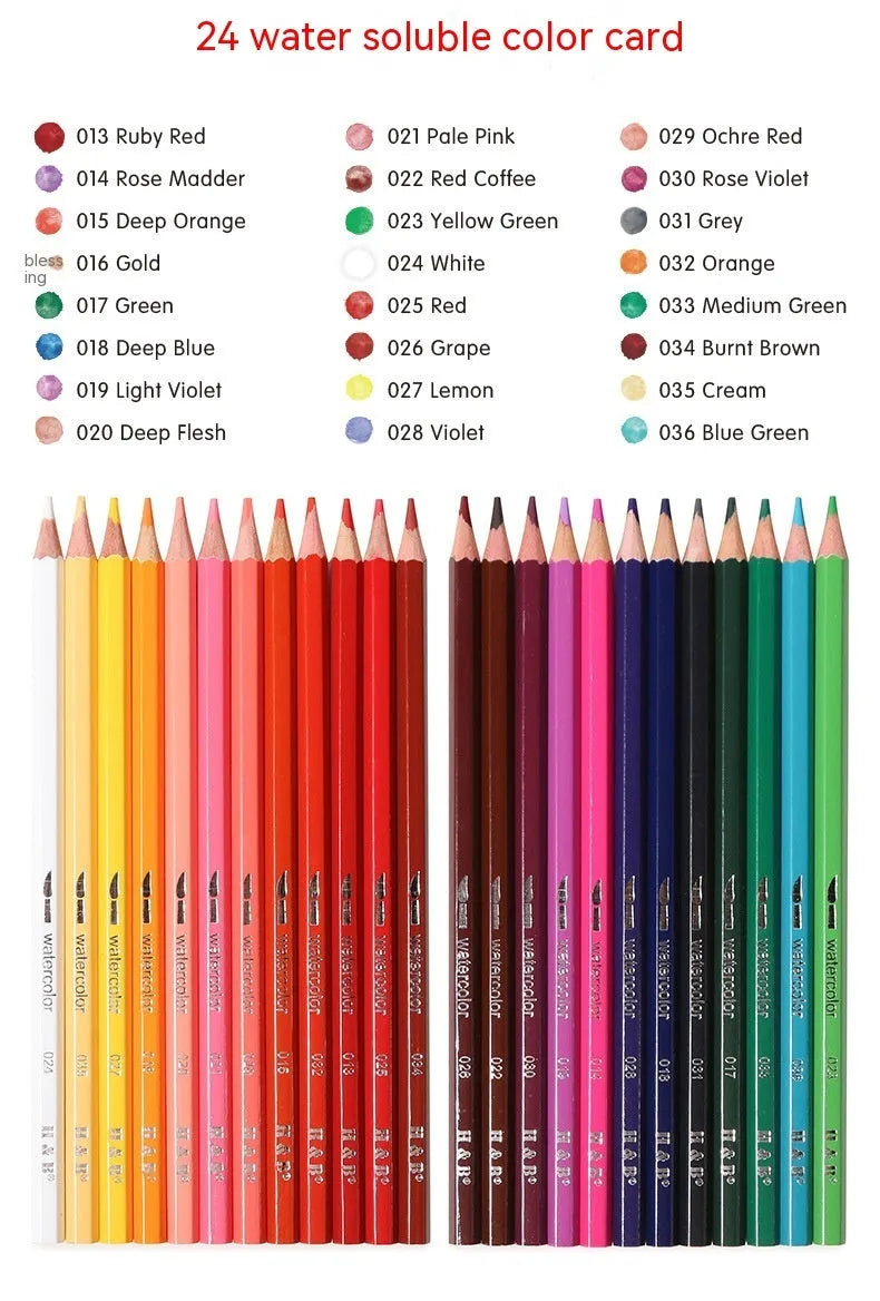 Water-soluble coloured pencil set with 24 colours, a brush, and a metal box open to show contents.
