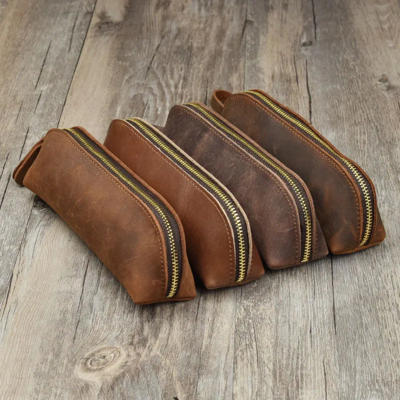 Square brown genuine cowhide leather pencil case with zipper closed