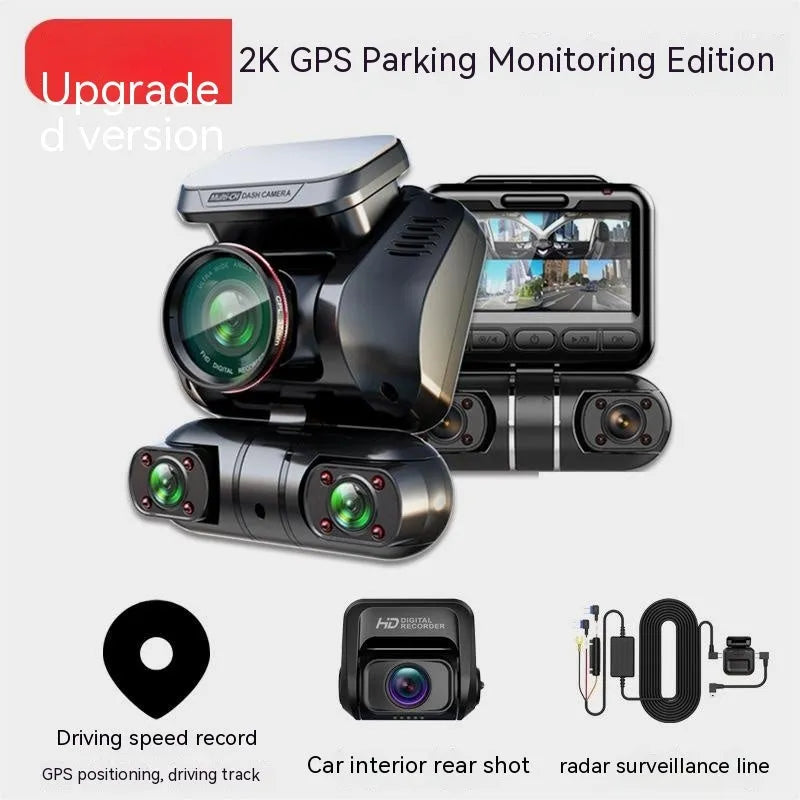 Black multi-lens car dashboard camera with a 2-inch screen, showing dimensions of 102mm by 104mm.