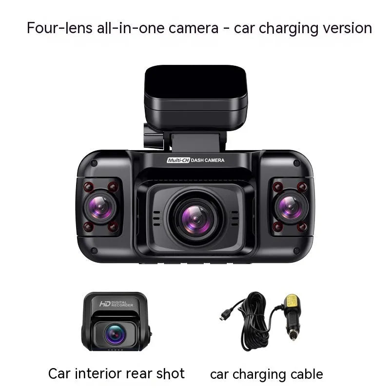 Black multi-lens car dashboard camera with a 2-inch screen, showing dimensions of 102mm by 104mm.