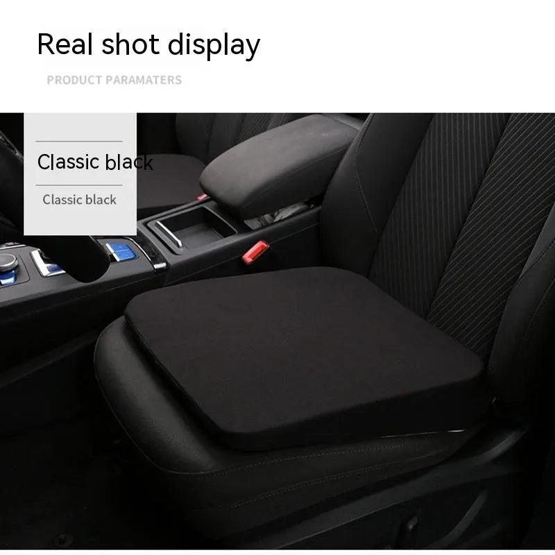 Black car seat cushion with memory foam filling measuring 42x39x6cm