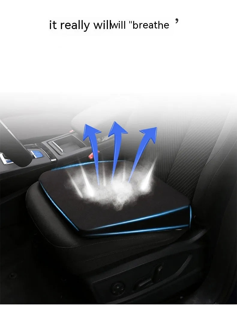 Black car seat cushion with memory foam filling measuring 42x39x6cm