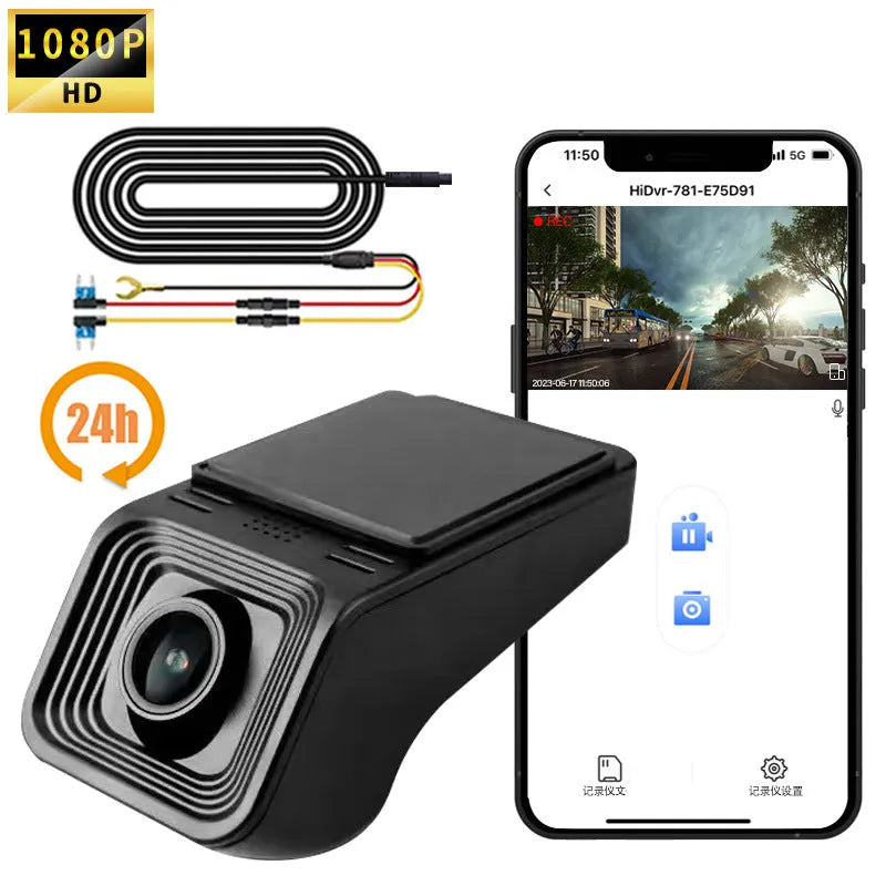 Black car dash cam mounted on windscreen with forward-facing lens and power cable