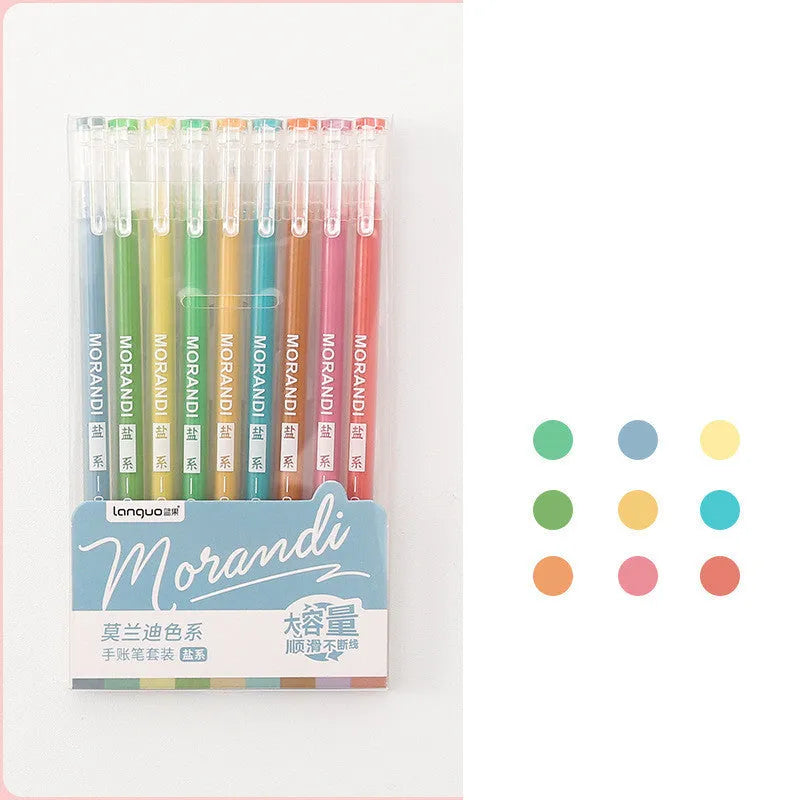 Set of nine Retro Hand Account gel pens with 0.5mm needle tips, shown in a choice of colour themes.