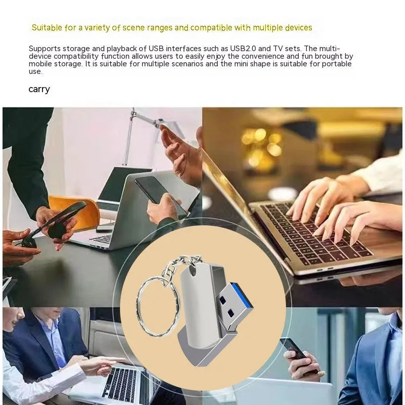 Small white metal USB flash drive with a rotating cap, showing front and side views.