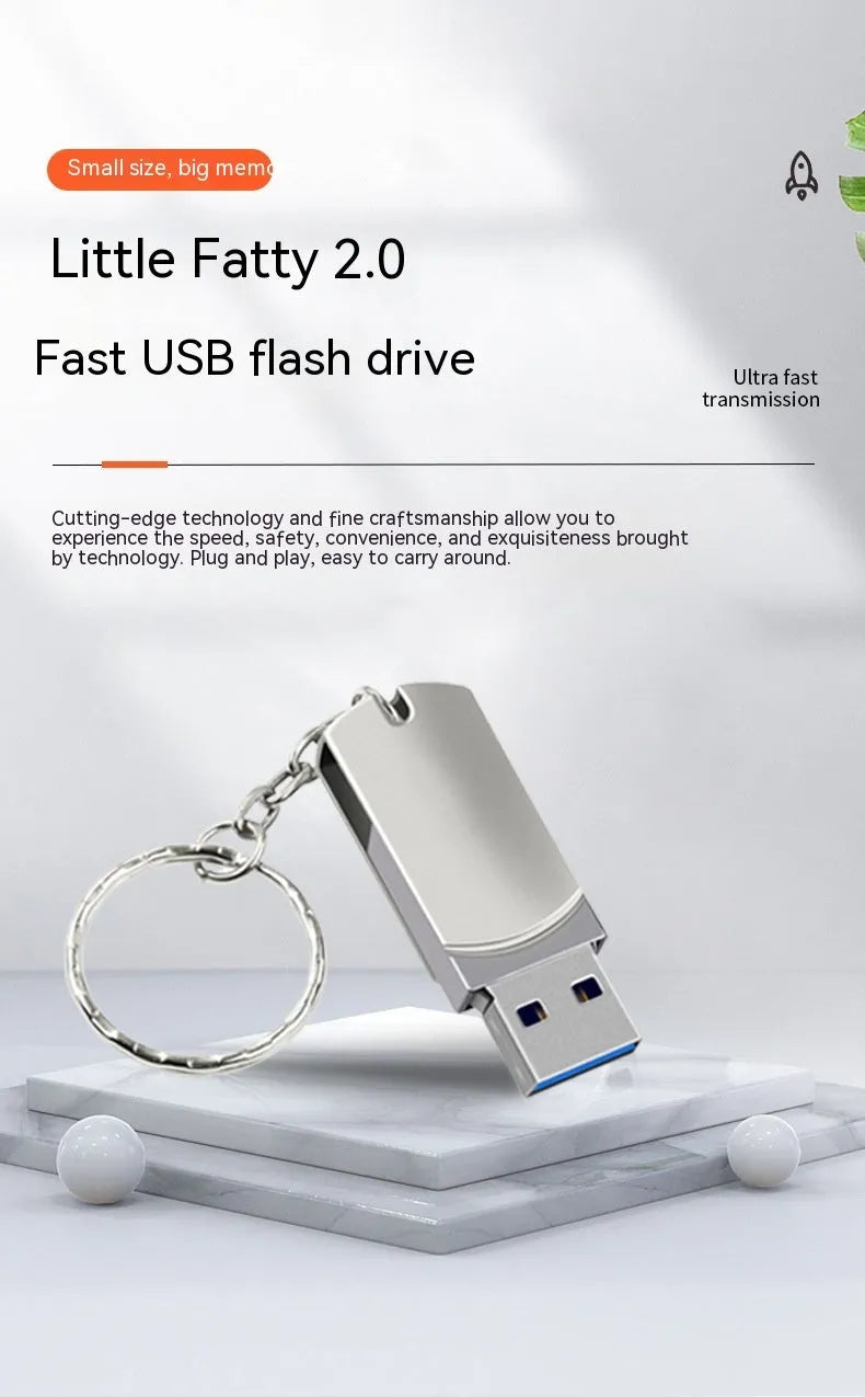 Small white metal USB flash drive with a rotating cap, showing front and side views.