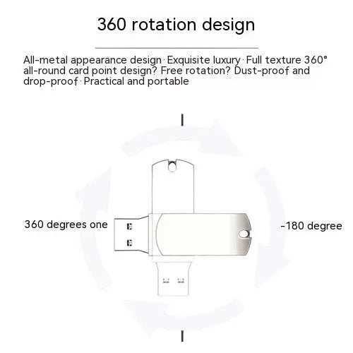 Small white metal USB flash drive with a rotating cap, showing front and side views.