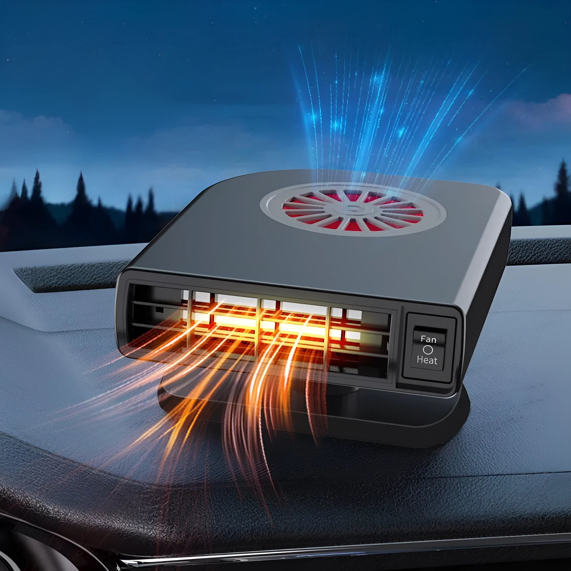 Black 12V vehicle-mounted defroster heater with adjustable vents on a car dashboard.