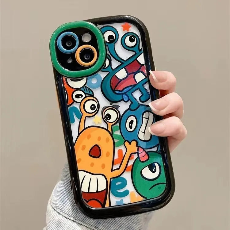 Full screen PC phone case in green with all wrapped cartoon design for Apple iPhone, showing protective edges