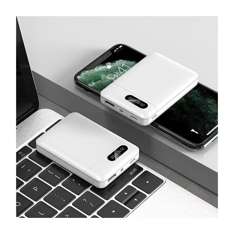 Black and white 10000 mAh portable power bank showing USB ports and dimensions