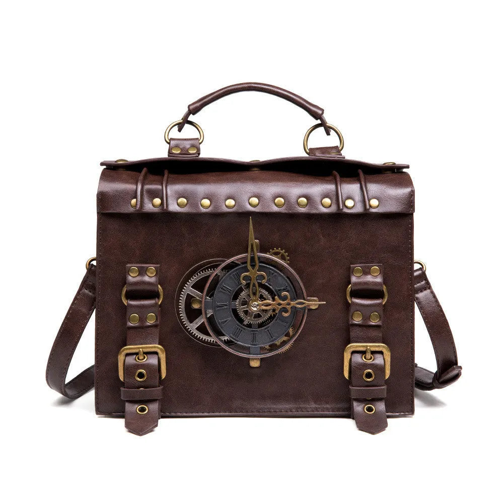Bronze steampunk industrial retro shoulder bag with horizontal square pillow design and metal accents