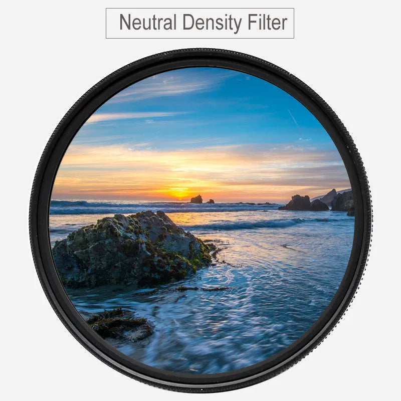 ND8 digital camera filter with aviation aluminium frame showing lens thread sizes from 49mm to 82mm.