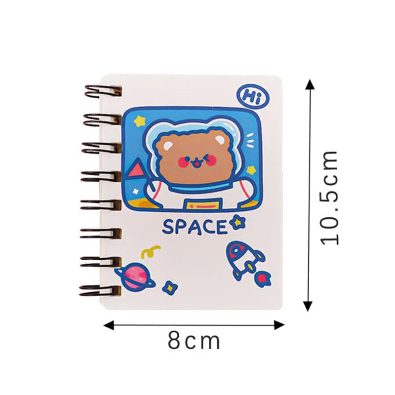 Astronaut themed pocket notebook showing 10.5 x 8 cm dimensions with space decoration