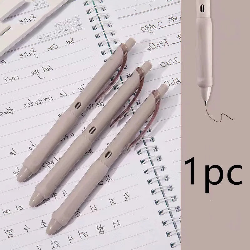 Macaron Colour press gel pen with 0.5mm tip in smoked white, brown, and pink options.