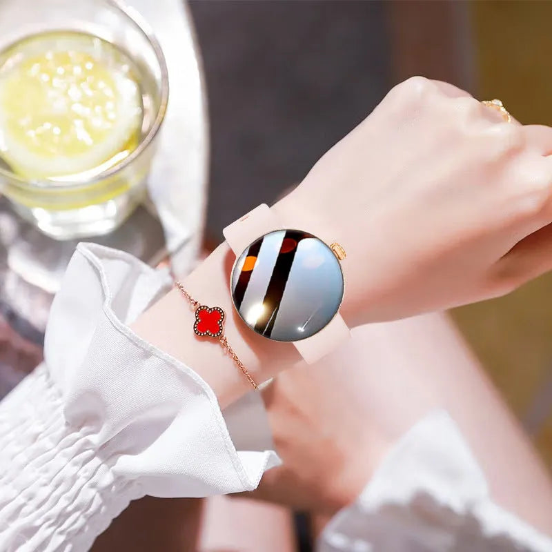 Women's smart watch with circular aluminium alloy case and metal strap showing colour touch screen