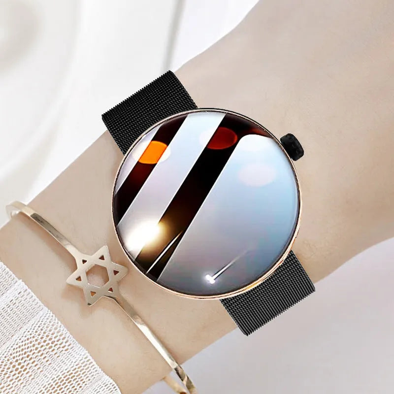 Women's smart watch with circular aluminium alloy case and metal strap showing colour touch screen