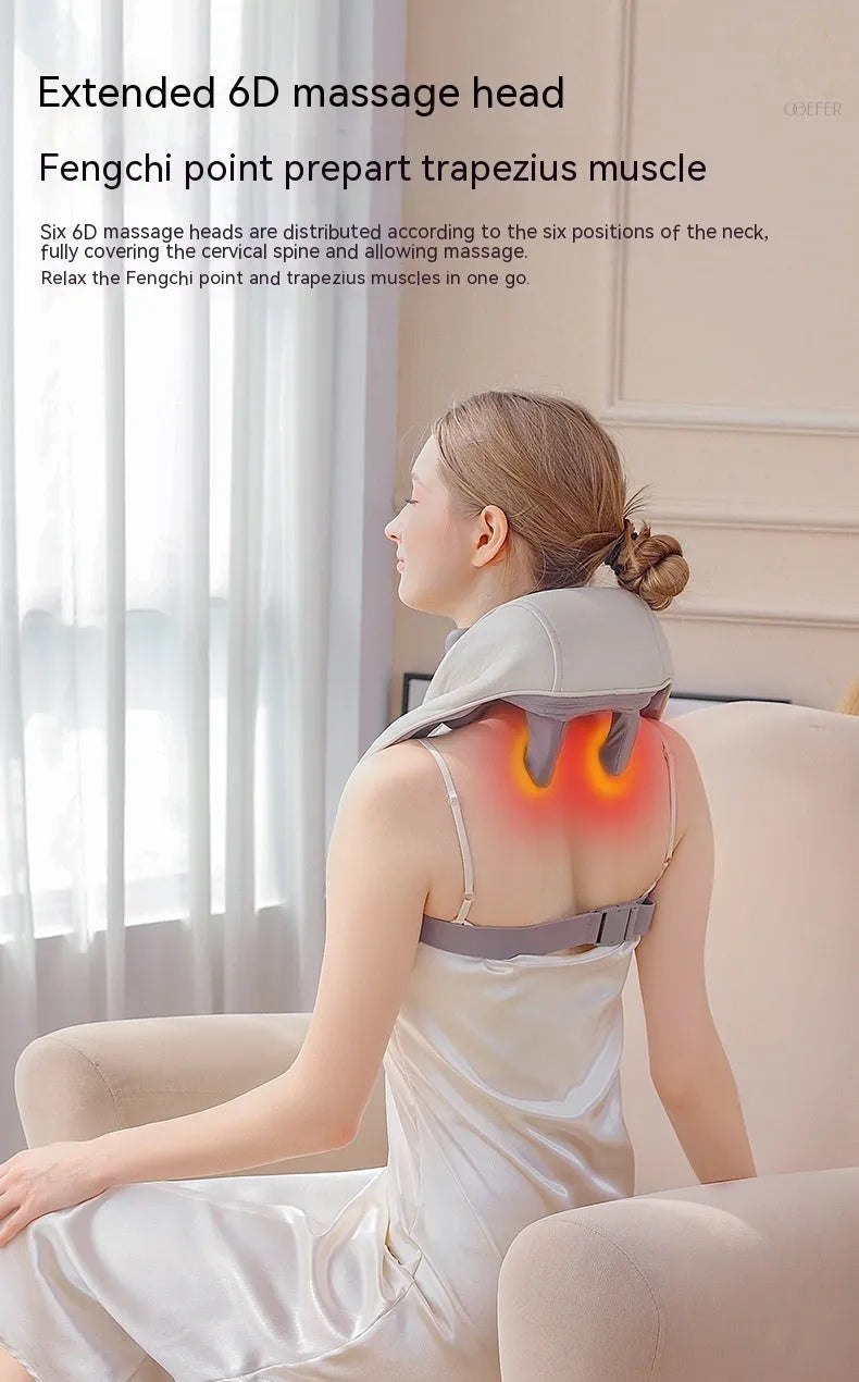 Milky white rechargeable shoulder and neck cervical spine kneading massager with USB cable.