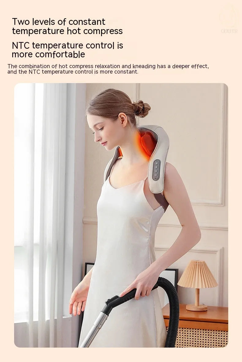 Milky white rechargeable shoulder and neck cervical spine kneading massager with USB cable.