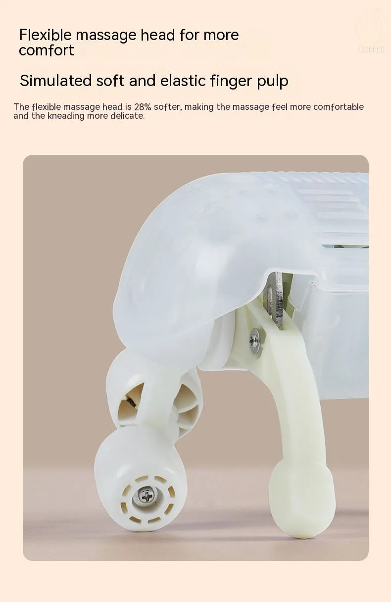 Milky white rechargeable shoulder and neck cervical spine kneading massager with USB cable.