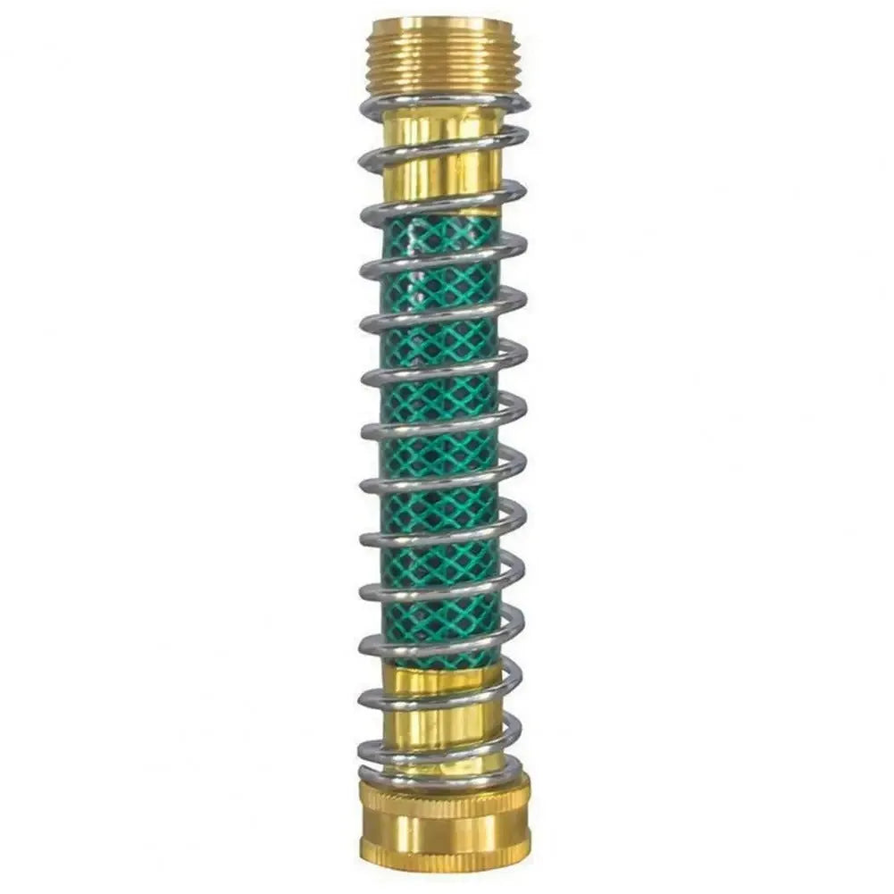 Brass garden hose spring connector with spiral visible inside, shown next to a tape measure indicating 15 cm length.