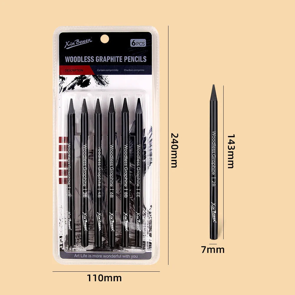 Set of six wood-free graphite sketching pencils with grades HB, 2B, 4B, 6B, 8B, EE for art drawing