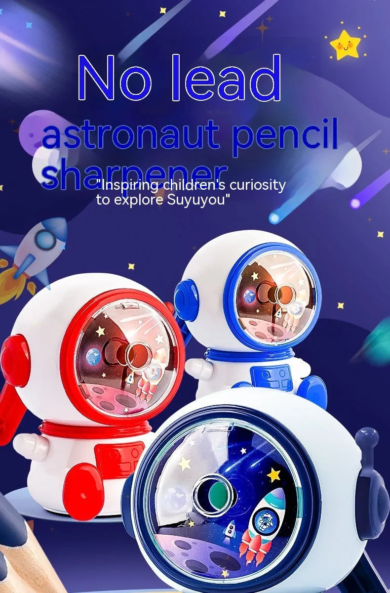 Astronaut-themed manual pencil sharpener in blue or pink with adjustable three-level sharpening for 2mm pencils