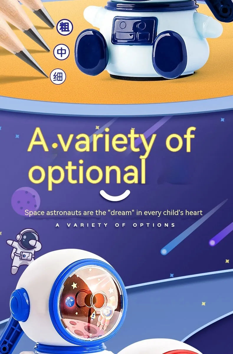 Astronaut-themed manual pencil sharpener in blue or pink with adjustable three-level sharpening for 2mm pencils