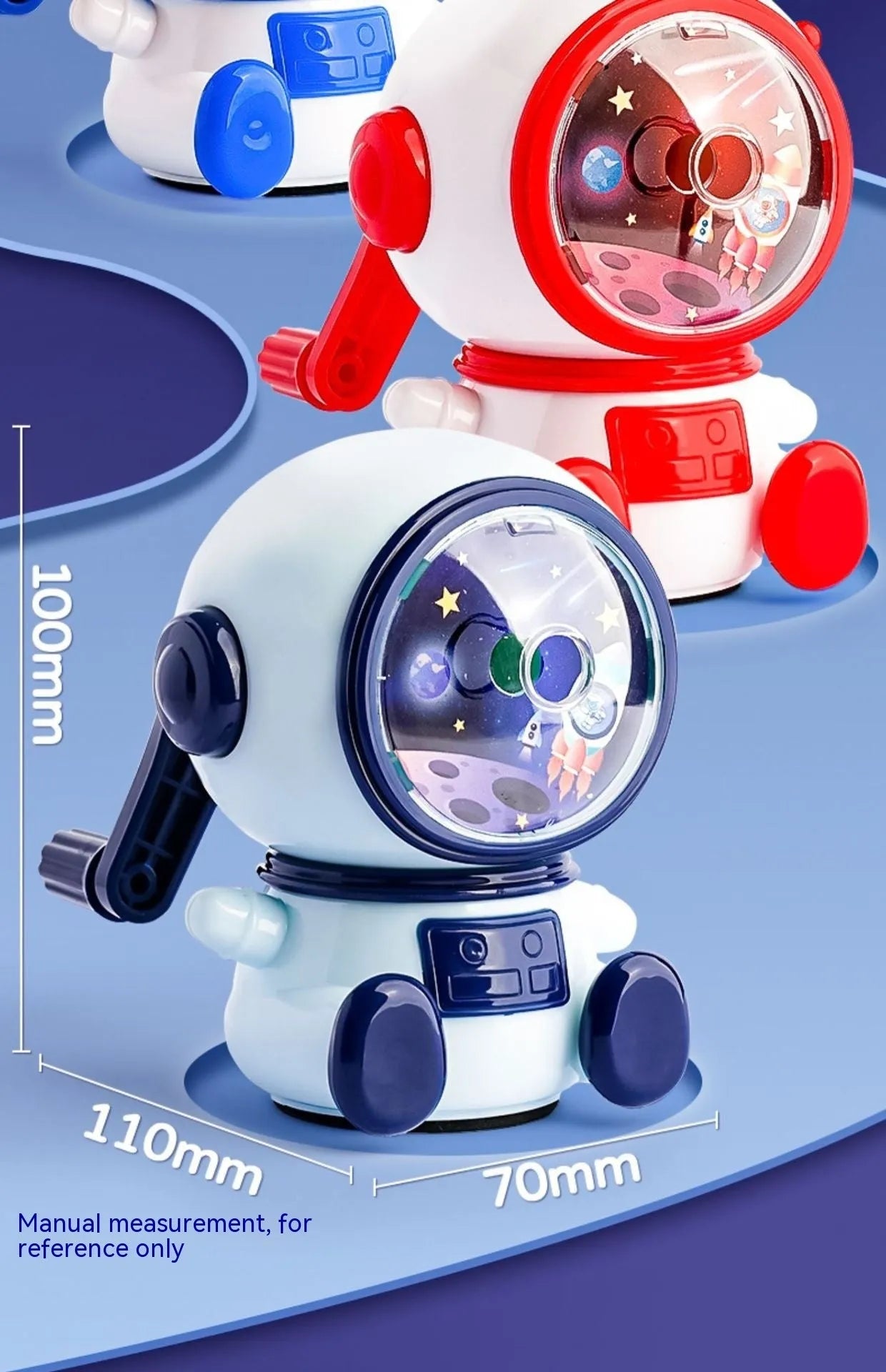 Astronaut-themed manual pencil sharpener in blue or pink with adjustable three-level sharpening for 2mm pencils