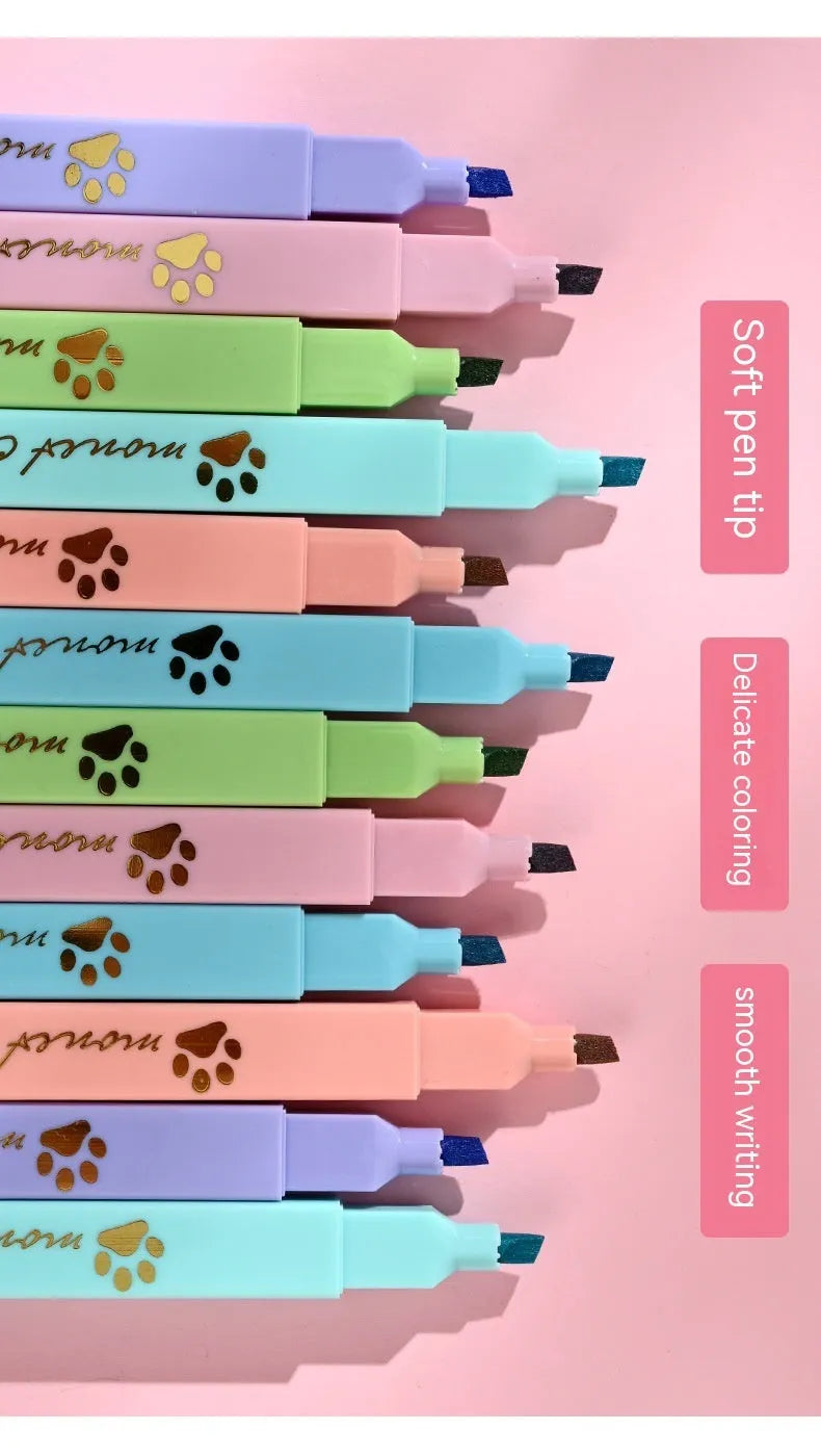 Box of six Cat's Paw fluorescent marking pens with oblique nibs, shown in assorted colours.