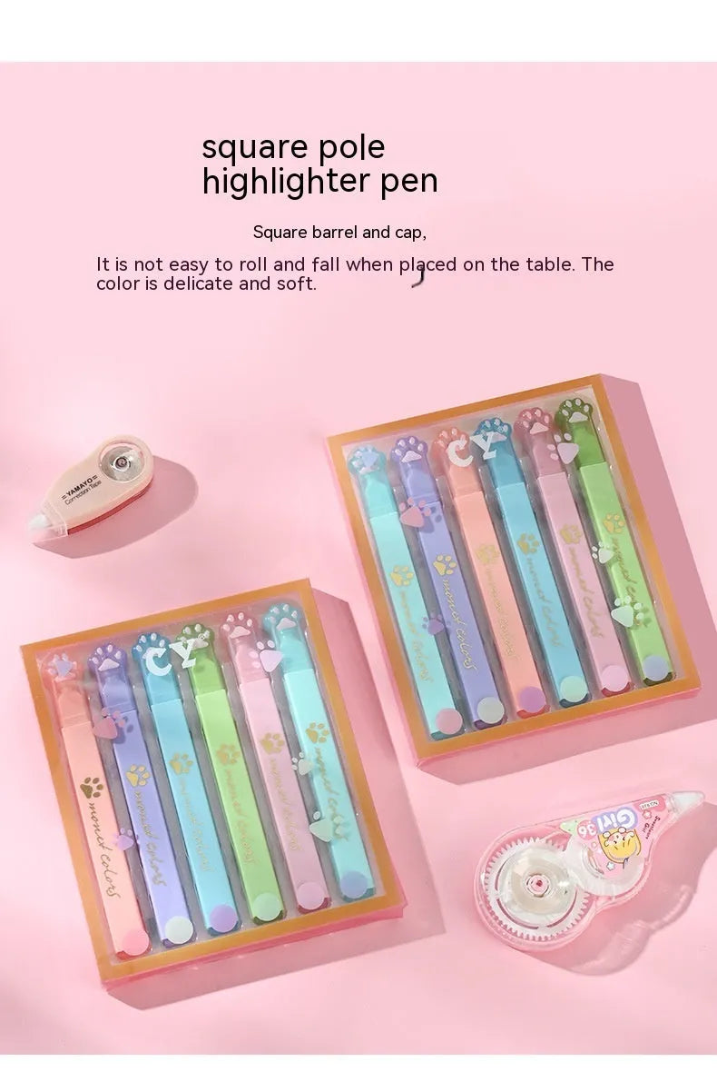Box of six Cat's Paw fluorescent marking pens with oblique nibs, shown in assorted colours.