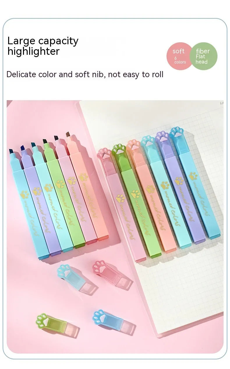 Box of six Cat's Paw fluorescent marking pens with oblique nibs, shown in assorted colours.
