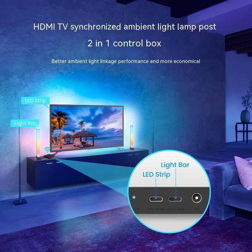 Graffiti smart LED light strip for TV background lighting with intelligent remote control.
