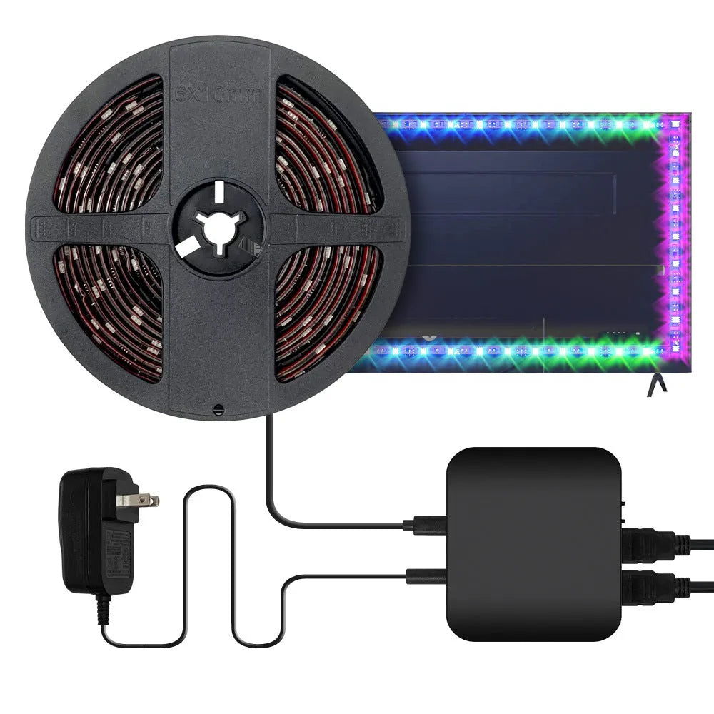 Graffiti smart LED light strip for TV background lighting with intelligent remote control.