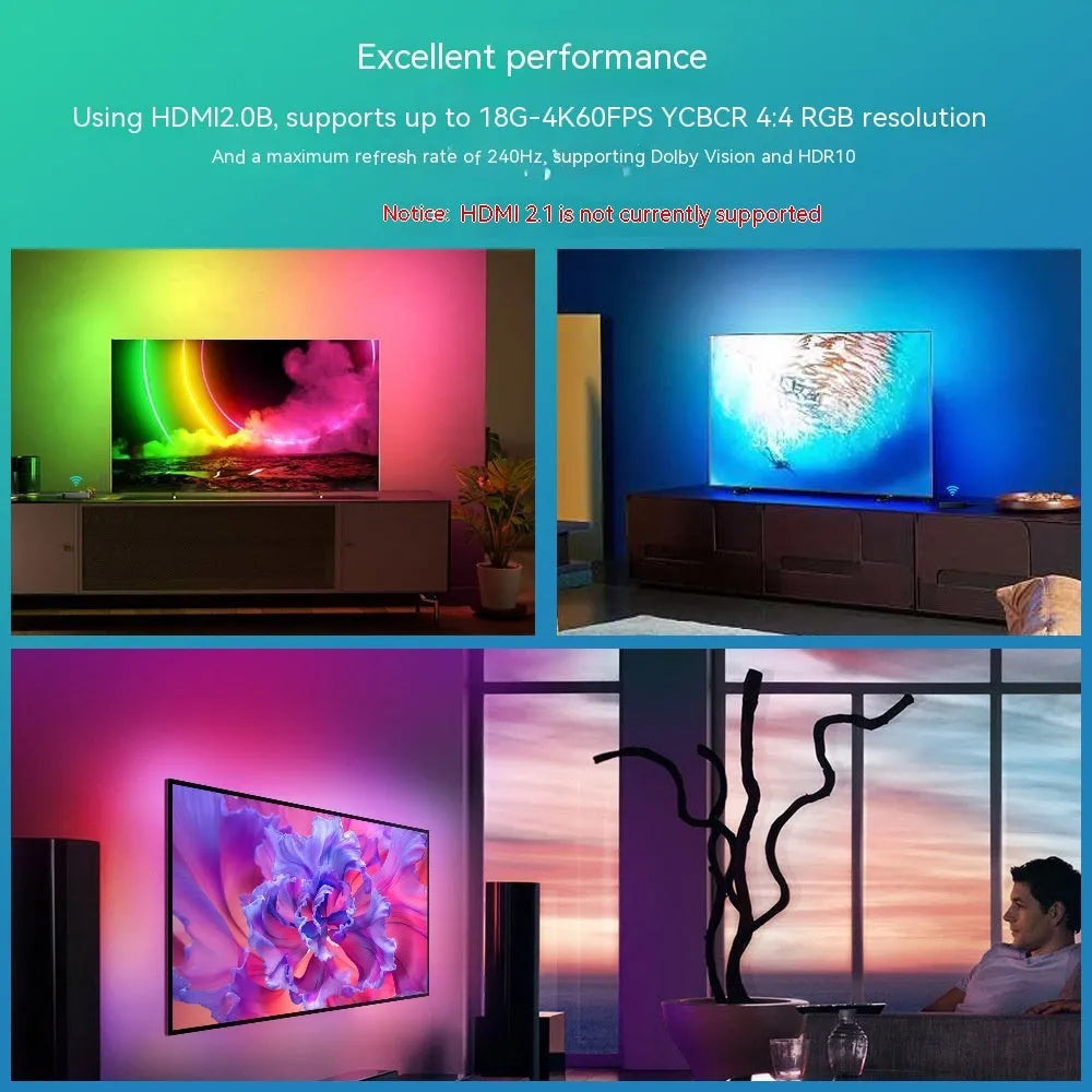 Graffiti smart LED light strip for TV background lighting with intelligent remote control.