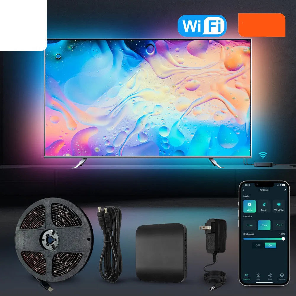 Graffiti smart LED light strip for TV background lighting with intelligent remote control.