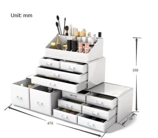 Acrylic three-layer cosmetics storage box in Nordic style, transparent finish on a vanity table