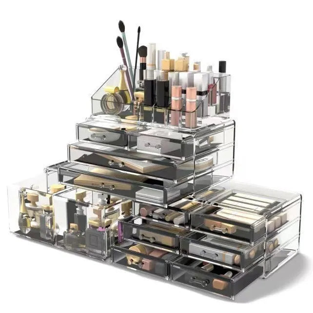 Acrylic three-layer cosmetics storage box in Nordic style, transparent finish on a vanity table