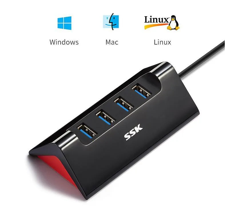 Black ABS plastic USB expansion dock with four ports and a Micro USB power connection.