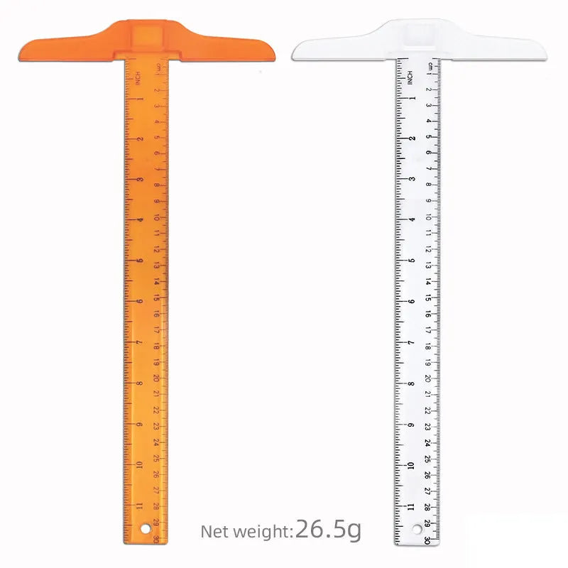30cm T-shaped plastic ruler in transparent or orange-yellow with British or double centimetre scales
