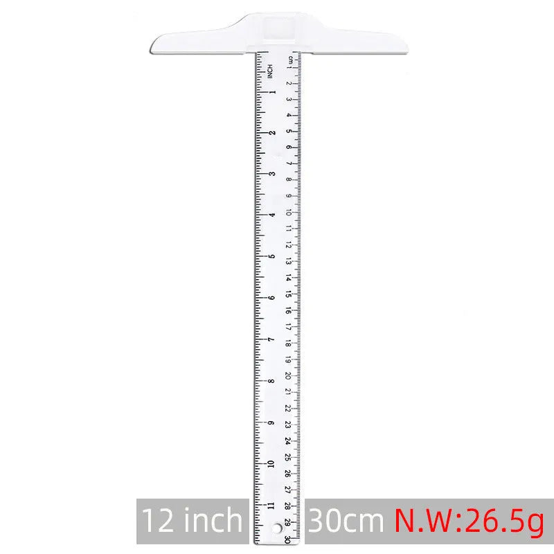30cm T-shaped plastic ruler in transparent or orange-yellow with British or double centimetre scales