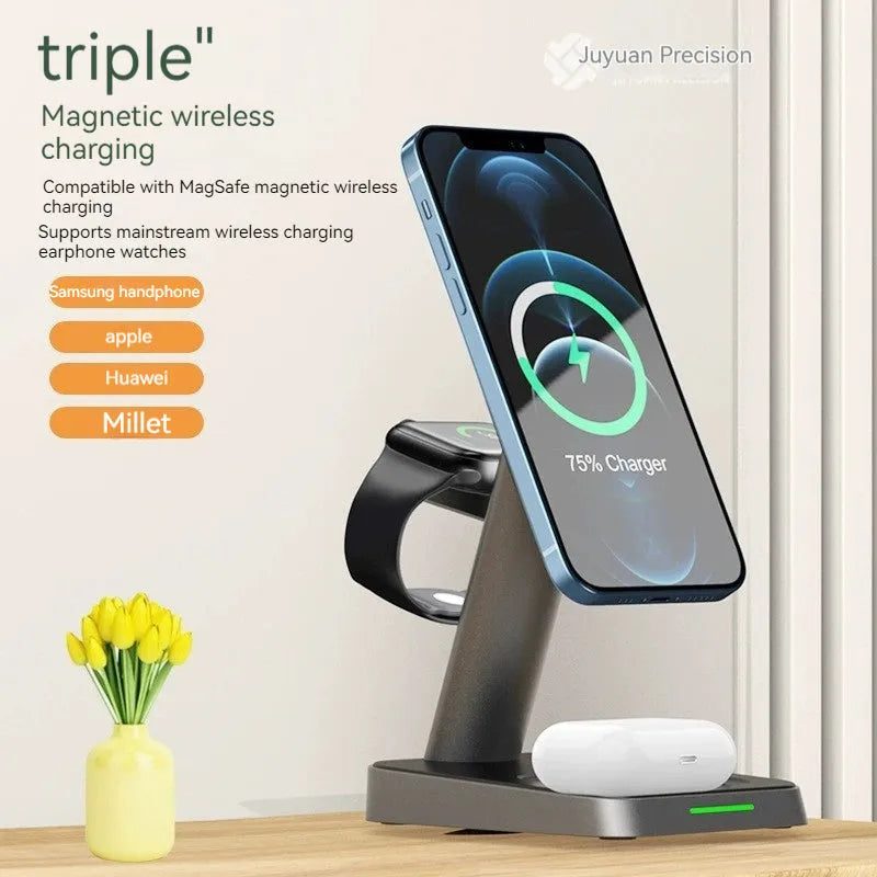 Black vertical three-in-one wireless charging station for mobile phones and watches