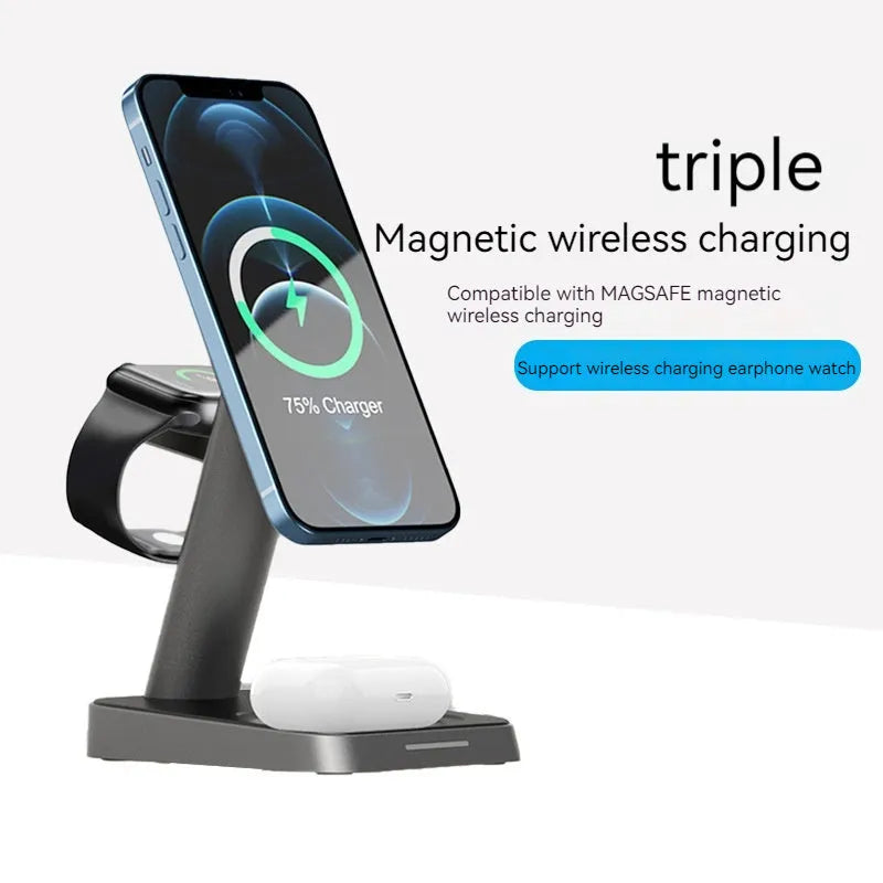 Black vertical three-in-one wireless charging station for mobile phones and watches