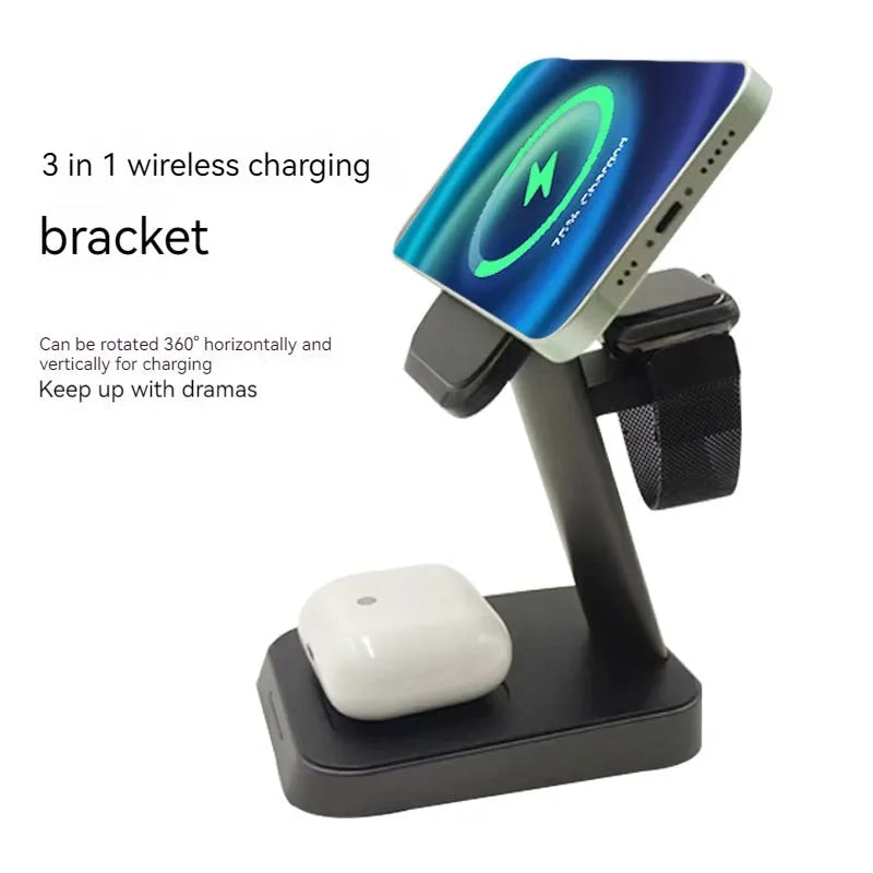 Black vertical three-in-one wireless charging station for mobile phones and watches