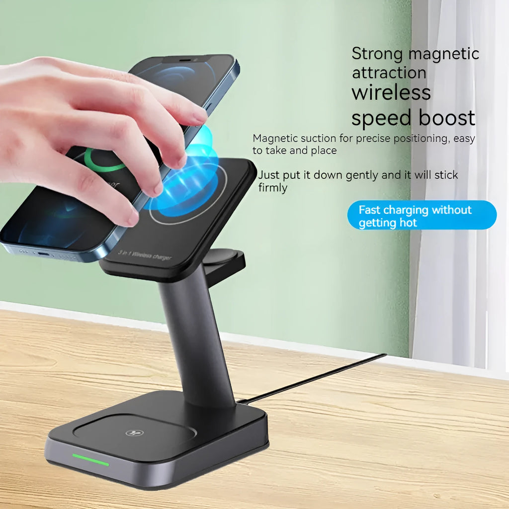 Black vertical three-in-one wireless charging station for mobile phones and watches