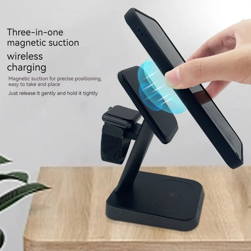 Black vertical three-in-one wireless charging station for mobile phones and watches