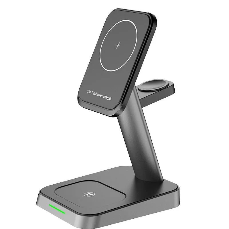 Black vertical three-in-one wireless charging station for mobile phones and watches