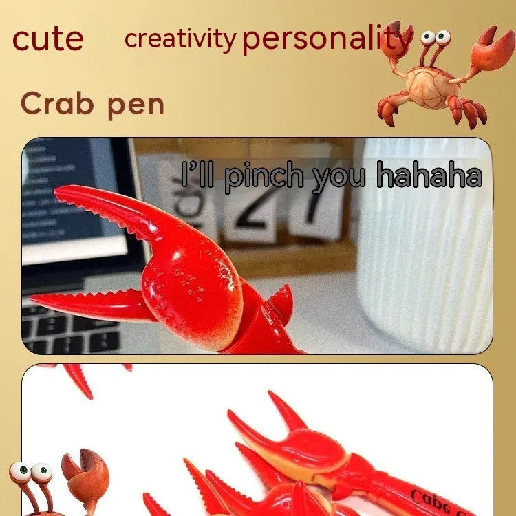 Crab-shaped novelty ballpoint pen with red pressable pincer clips on a white background