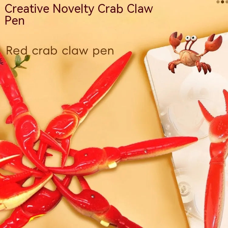 Crab-shaped novelty ballpoint pen with red pressable pincer clips on a white background